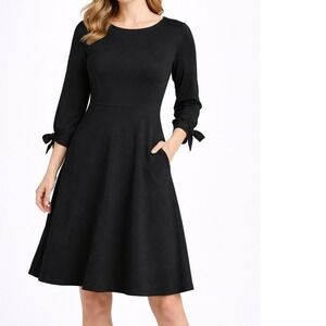 Talbots Womens Black Fit Flare Dress 4 Bow Tie Cuff 3/4 Sleeve Stretch Knit